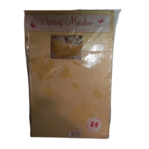 Spring Meadow Damask Tablecloth 60"x84" Oblong Yellow Floral Vintage NEW - Picture 1 of 9